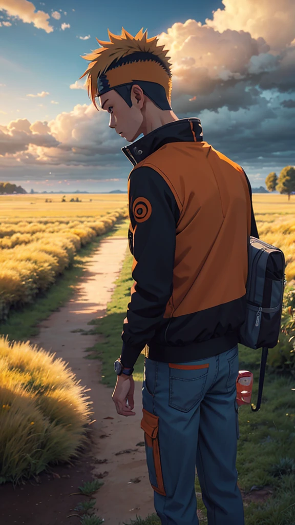 Anime theme, uzumaki_naruto, blonde_hair, 1boy, sky, male_focus, outdoors, solo, cloud, day, grass, blue_sky, spiked_hair, forehead_protector, leaf, standing, orange_pants, from_behind, from_below, long_sleeves, pouch, cloudy_sky, wind, orange_jacket, pants, short_hair, headband, field