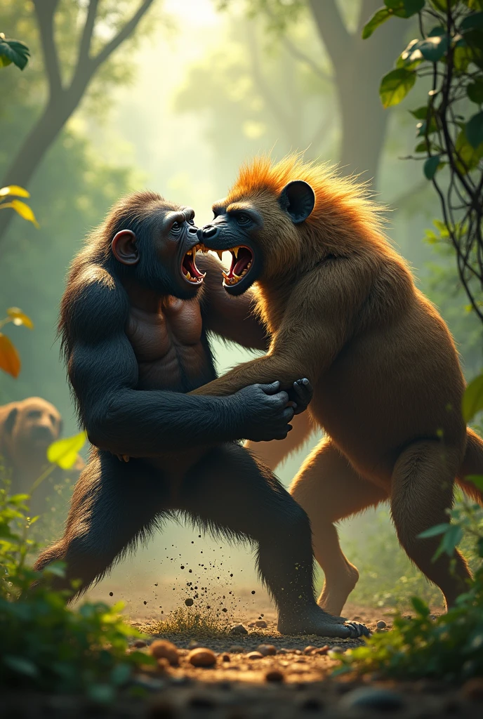 a chimpanzee and a four-legged brown hyena fighting savagely in the middle of a huge jungle