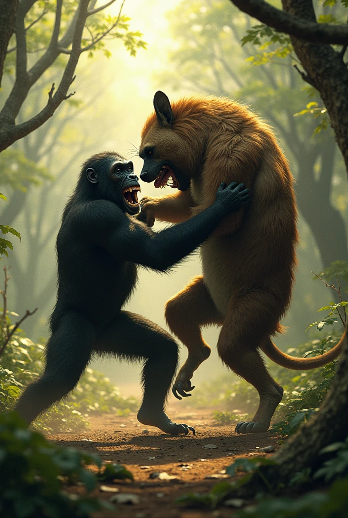 a chimpanzee and a four-legged brown hyena fighting savagely in the middle of a huge jungle