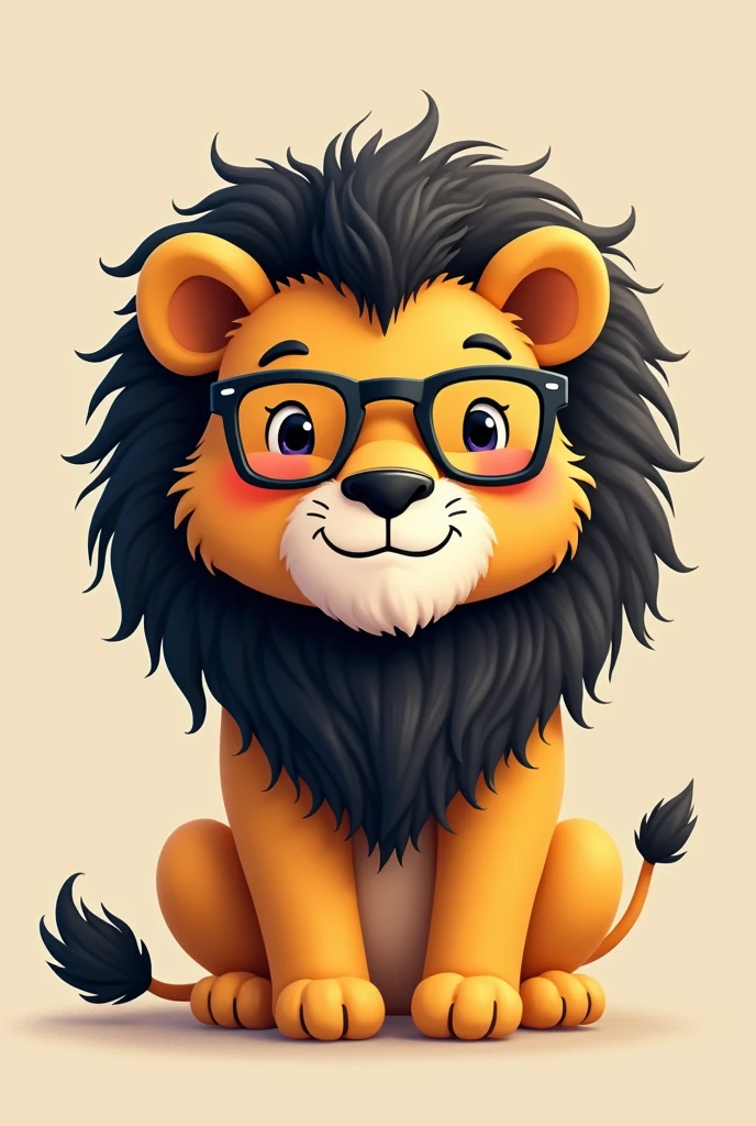 Create a cute lion that has black glasses with square frames and black mane