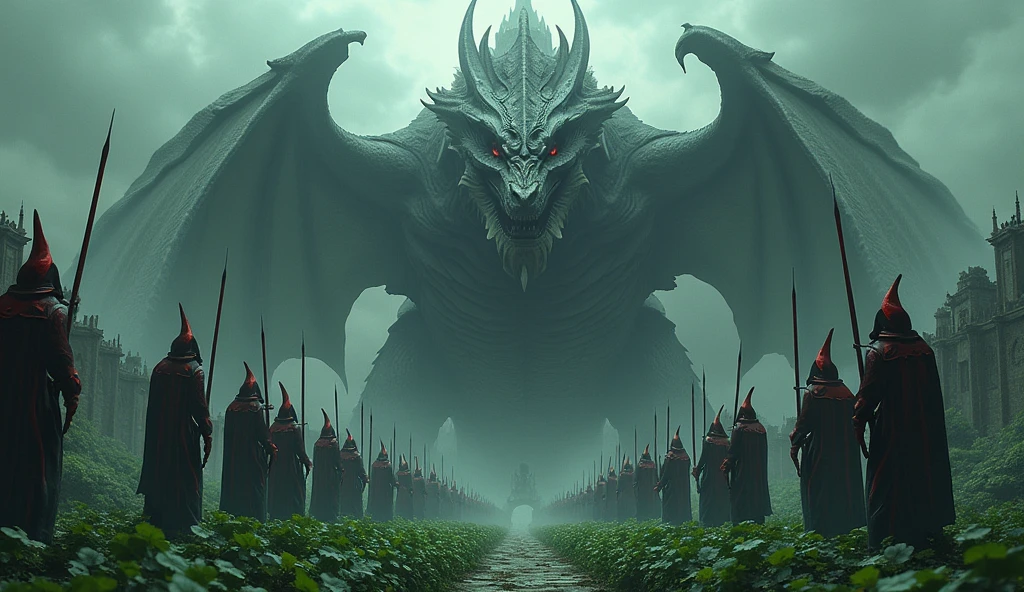 Top quality, masterpiece, poker cards with human creatures, poker card soldiers holding spears, huge western ancient building, clover-shaped trees, garden in front of building, detailed image texture, creepy, scary, creepy atmosphere (not AI image), cloudy weather, low color image, creepy, image from a distance, delicate skin expression, huge dragon standing in front of soldiers