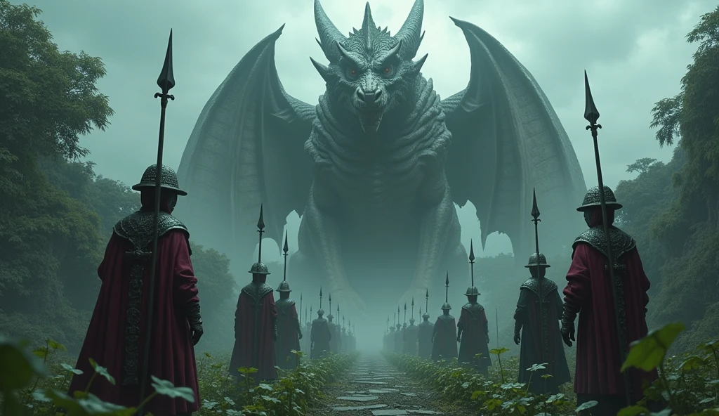Top quality, masterpiece, poker cards with human creatures, poker card soldiers holding spears, huge western ancient building, clover-shaped trees, garden in front of building, detailed image texture, creepy, scary, creepy atmosphere (not AI image), cloudy weather, low color image, creepy, image from a distance, delicate skin expression, huge dragon standing in front of soldiers