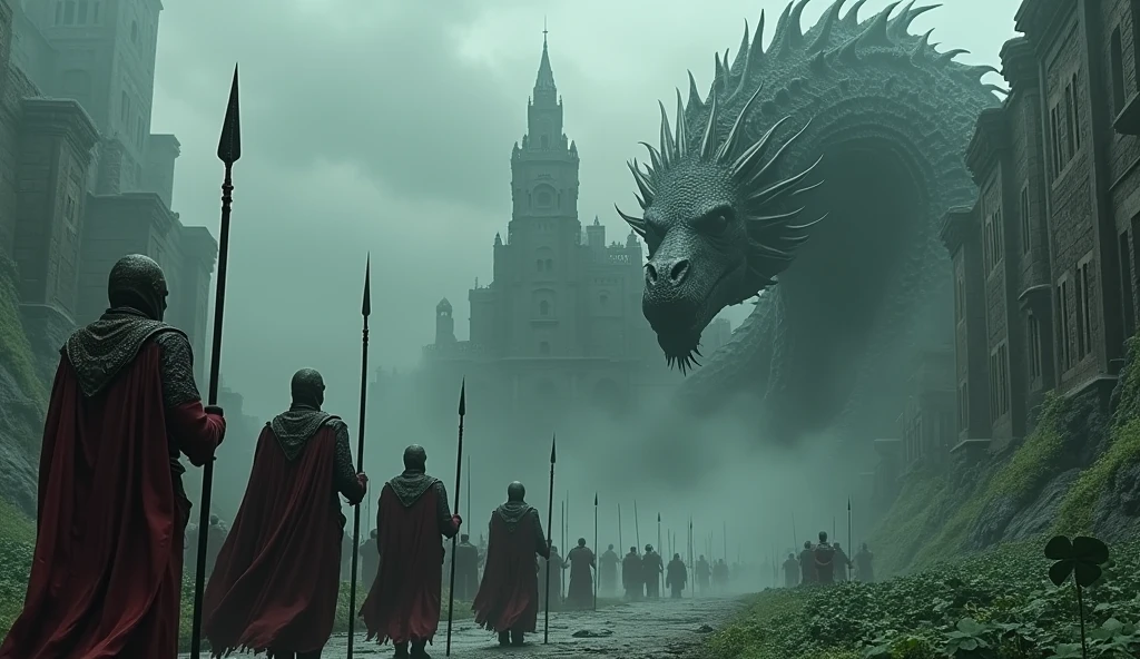 Top quality, masterpiece, poker cards with human creatures, poker card soldiers holding spears, huge western ancient building, clover-shaped trees, garden in front of building, detailed image texture, creepy, scary, creepy atmosphere (not AI image), cloudy weather, low color image, creepy, image from a distance, delicate skin expression, huge dragon standing in front of soldiers