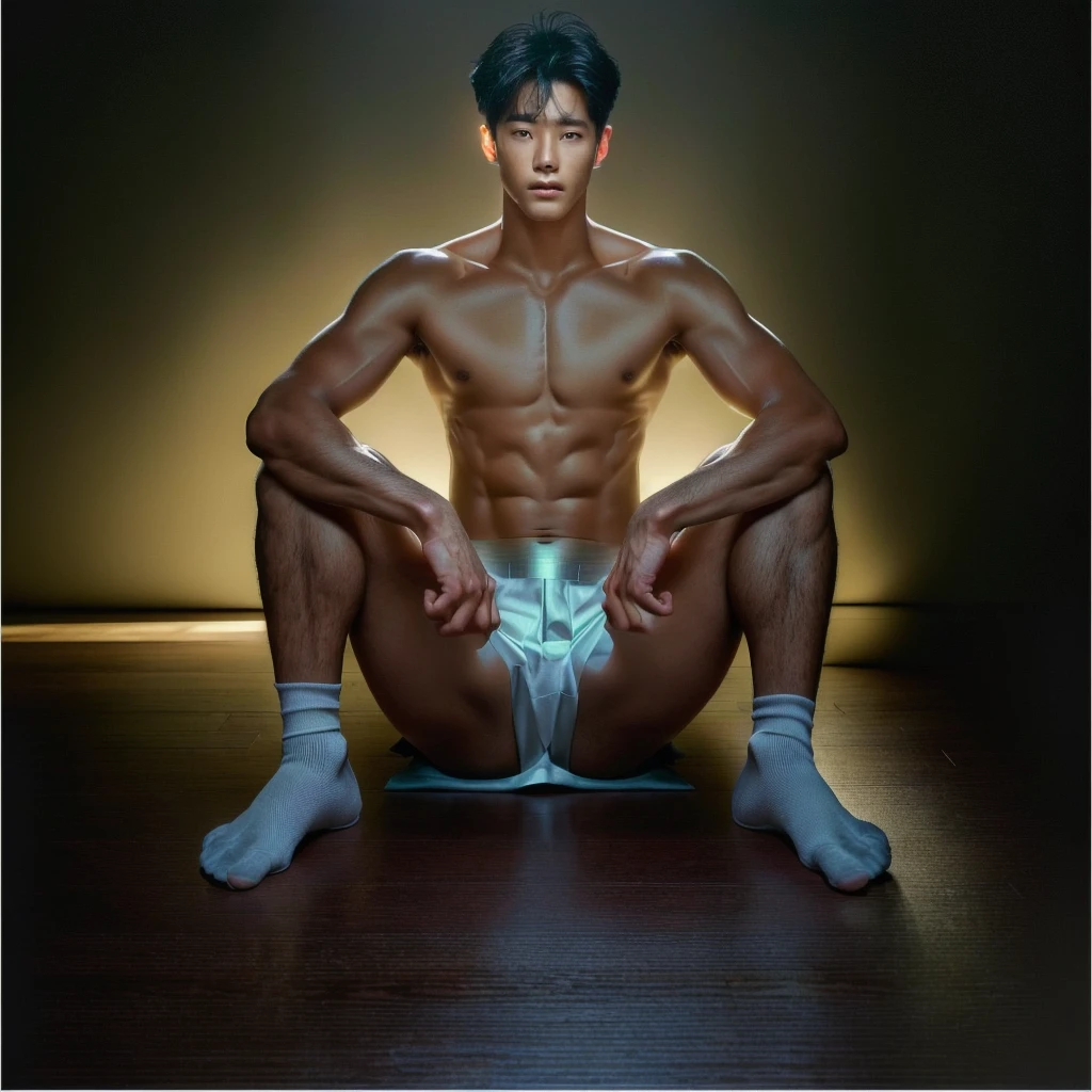 man arafael sitting on the floor with his hands on his waist, asian man, south korean man, por Russell Dongjun Lu, arte masculina, inspired by Yanjun Cheng, male body, inspired por Russell Dongjun Lu, male model, by Yanjun Cheng, photorealistic perfect body, attractive male deity, by Fei Danxu, masculine pose, male anatomy