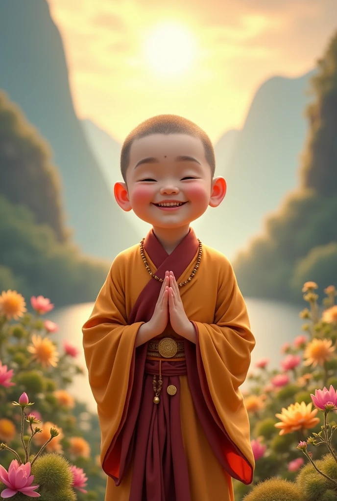 Happy Buddhist boy achieving his dreams