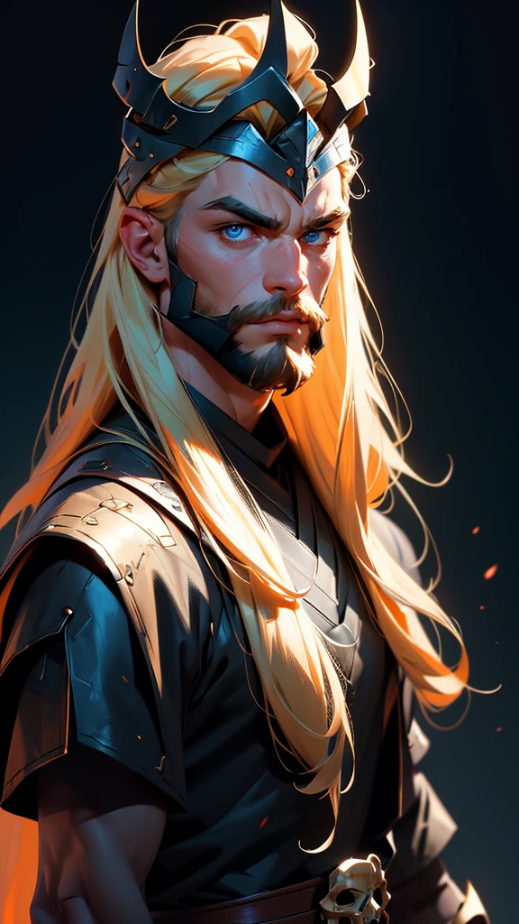 envision a 8k, highres, cinematic close up portrait of a strong face fierce warrior posing for battle with a muscular body, big beard with sleek long flowing blonde hair, and blue eyes shirtless wearing and a skull crown face mask effects against a dark gray background