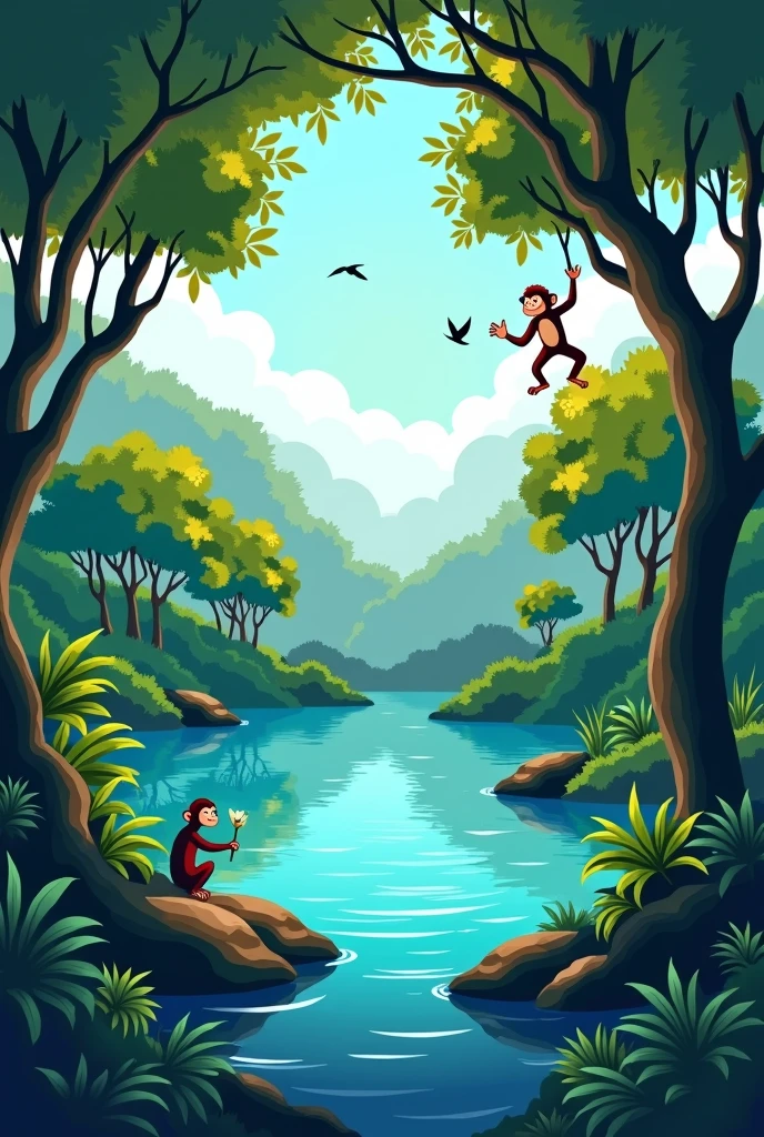 Illustrate a clip art style image set in a lush green forest with a blue lake in the middle. birds flying and a small monkey hanging on a branch. The image should be infused with the natural colors of the forest and the distinctive colors of the forest inhabitants..