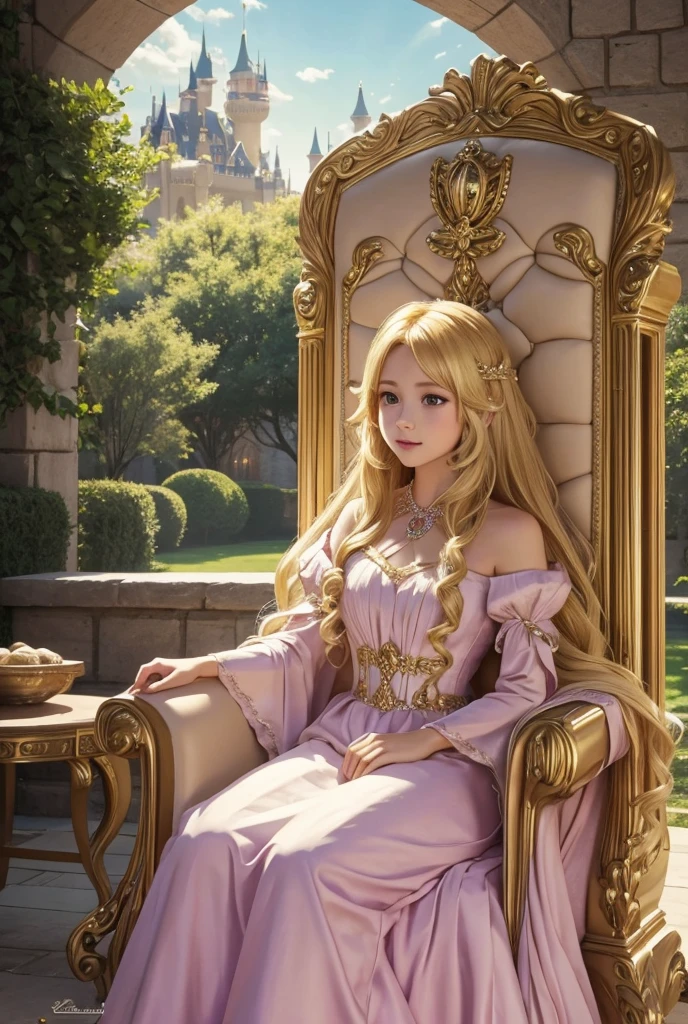 Beautiful and innocent princess is sitting in her castle on big throne with beautiful blonde hair and amazing dress, castle is bright and very big. 