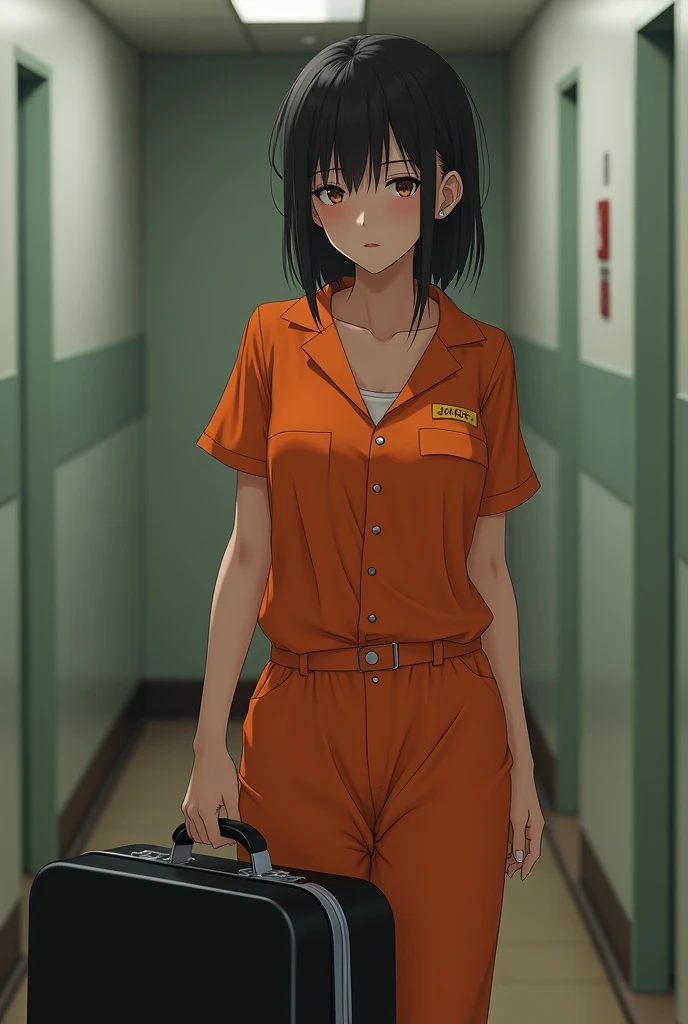 Anime realistic style, Woman with a thin curvy body wearing an orange prison uniform, posing holding a black suitcase, closeup 