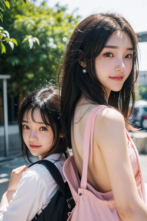 (Two pure Japanese girls,), (Small breasts:1.5,),(alone,,Textured skin, Detailed skin,Detailed face,Detailed eyes,detailed posing,Natural eyebrows,Sparkling eyes,Attention to detail, Highest quality, Very detailed, Surrealism, ,8k,RAW Photos,Photographicism,Professional Lighting,Ray Tracing,Portrait Photography,Soft Light),((Black Hair, Natural Makeup,Simple Earrings, Medium Hair,,smile)),(((Pink school bag,Cosplay for ,Carrying a school bag,Upper body composition,Back view,look back)))