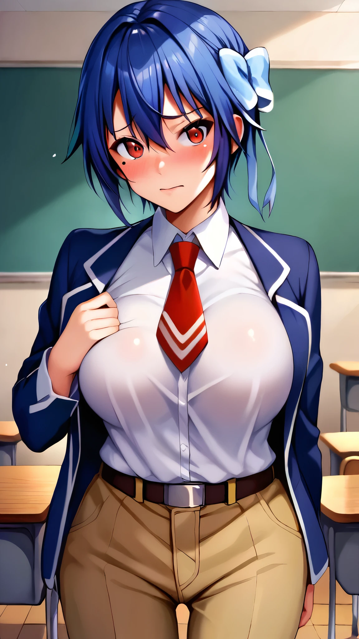 score_9, score_8_wonderful, score_7_wonderful, score_6_wonderful, sauce_anime, 1 person, solo BREAK tsugumi seishirou, Mole under the eye, Blue Hair, short hair, Hair Ribbon, Blue jacket, White shirt, Collared shirt, Red tie, belt, Brown pants, large breasts, blush, Embarrassing, classroom