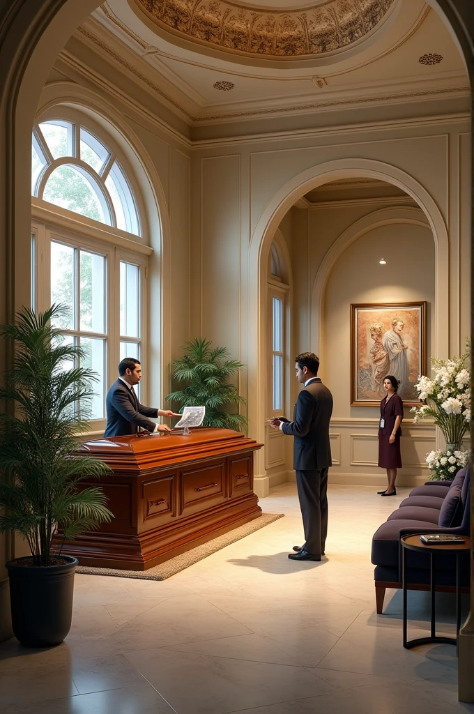 Create an image of an experiential showcase about the Gaviria funeral home