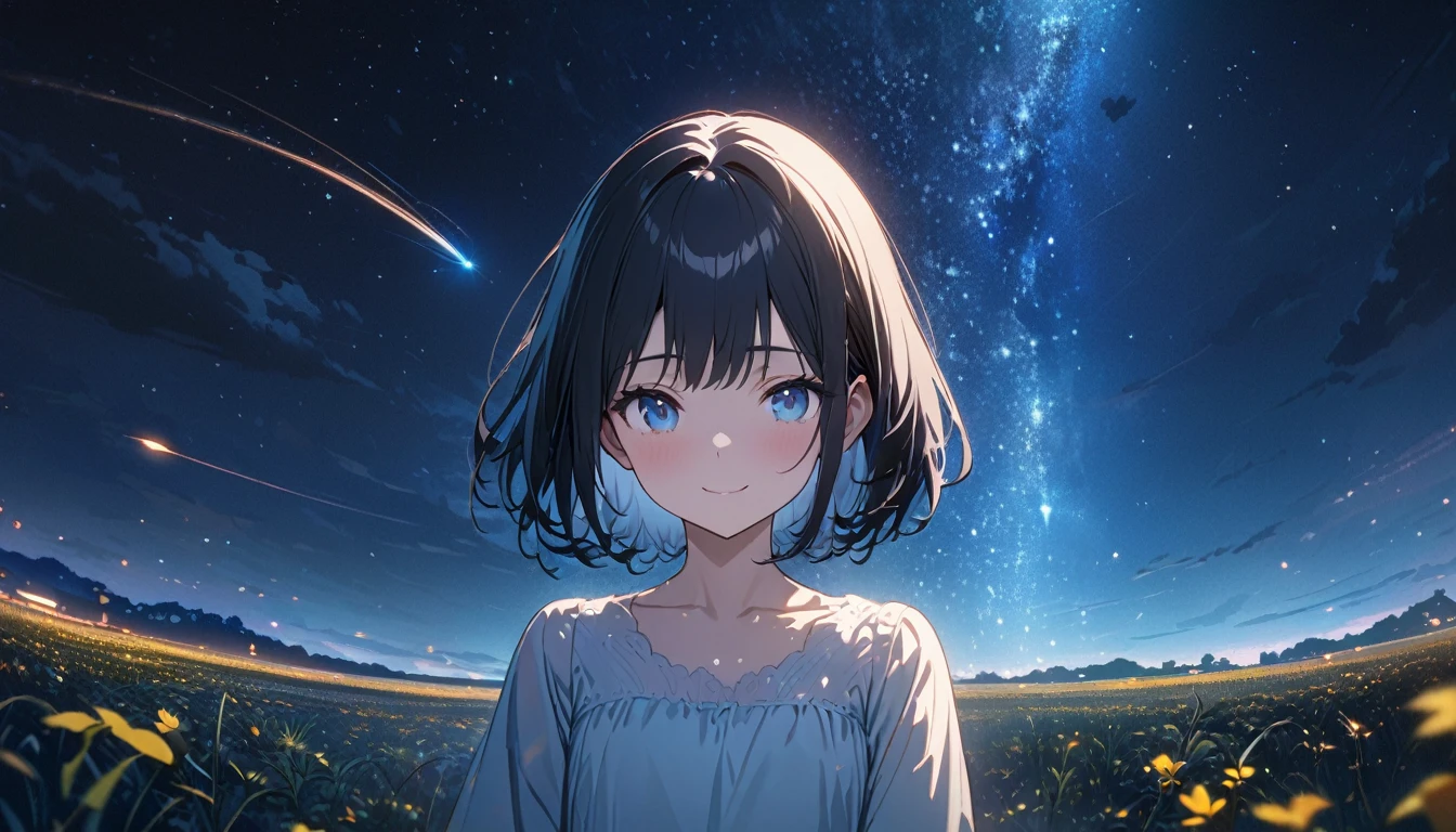 ((ultra-detailed))/(one women with short black hair and bob hair.、beautiful blue eyes,.、smile、gentle smile on her face、flat chest, one Beautiful girl,((masterpiece, illustration, best quality) ((ultra-detailed))/)Masterpiece\,standing on a empty field and standing under a blue starry night sky, night time,upper body,standing on a field which is night time and there is a comet and a lot of stars in the sky,濃い青とBeautiful Blueのグラデーション, High resolution, 8K HD detail, hyper-detail, cinematic, surrealism, soft light, deep field focus bokeh, ray tracing and surrealism. --v6'