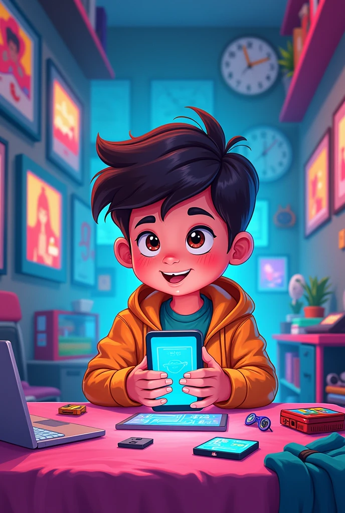 Cartoon youth using gadgets