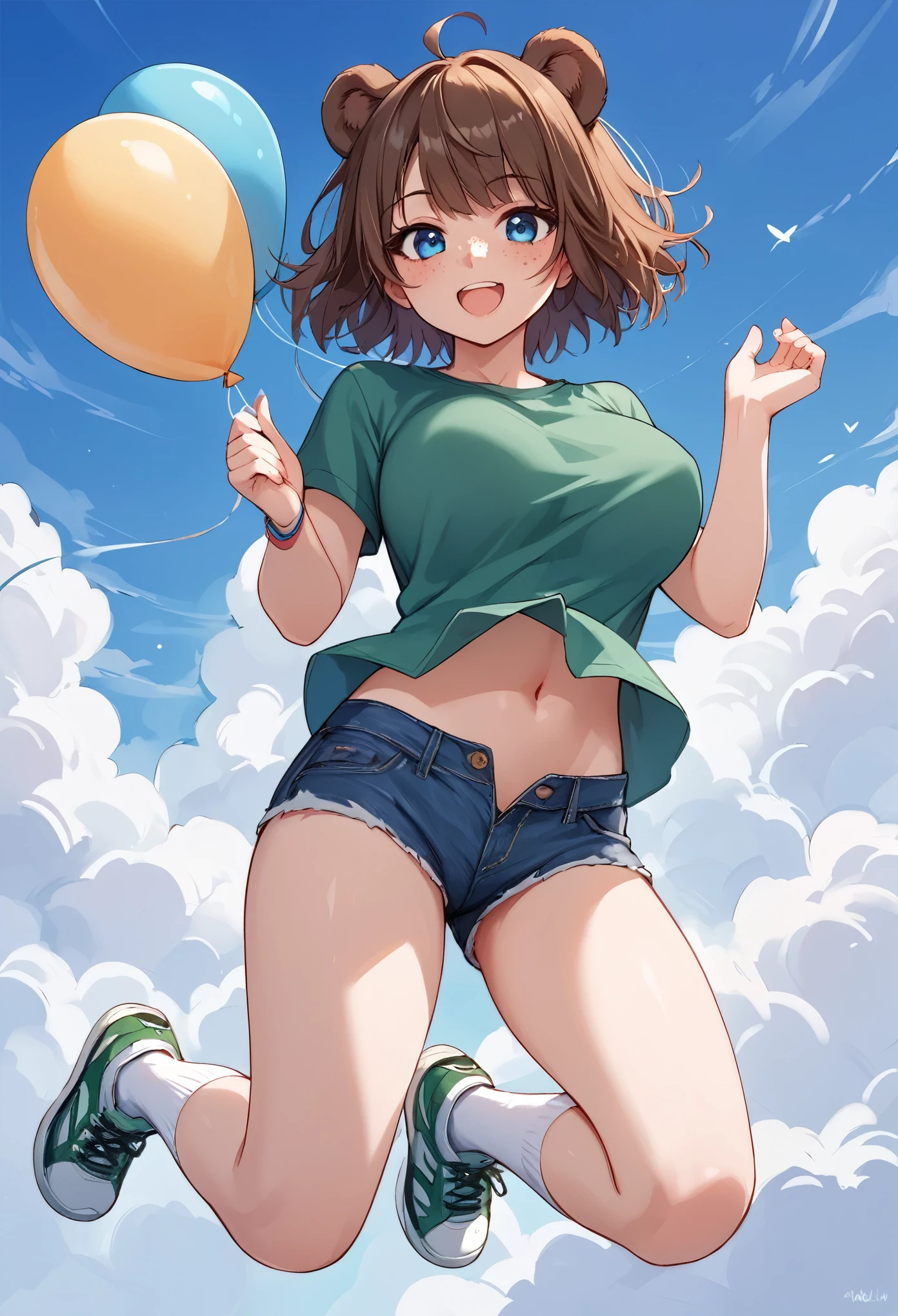 score_9_up, score_8_up, score_7_up, 1girl, solo, source_anime, hourglass figure, Big breasts, kemonomimi, bear ears, brown hair, short hair, messy_hair, blue eyes BREAK freckles, green shirt, short sleeves, navel, denim shorts, high socks, white socks, green sneakers, flying, background sky, cloudy sky, clouds, blue sky, heart balloons, holding balloons, smile, open mouth, blush, looking at viewer 