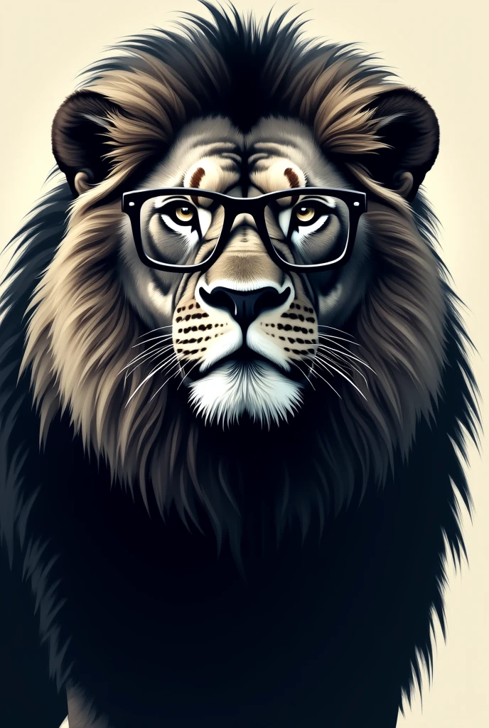 Create a 2D lion that has black glasses with a square frame and a black mane