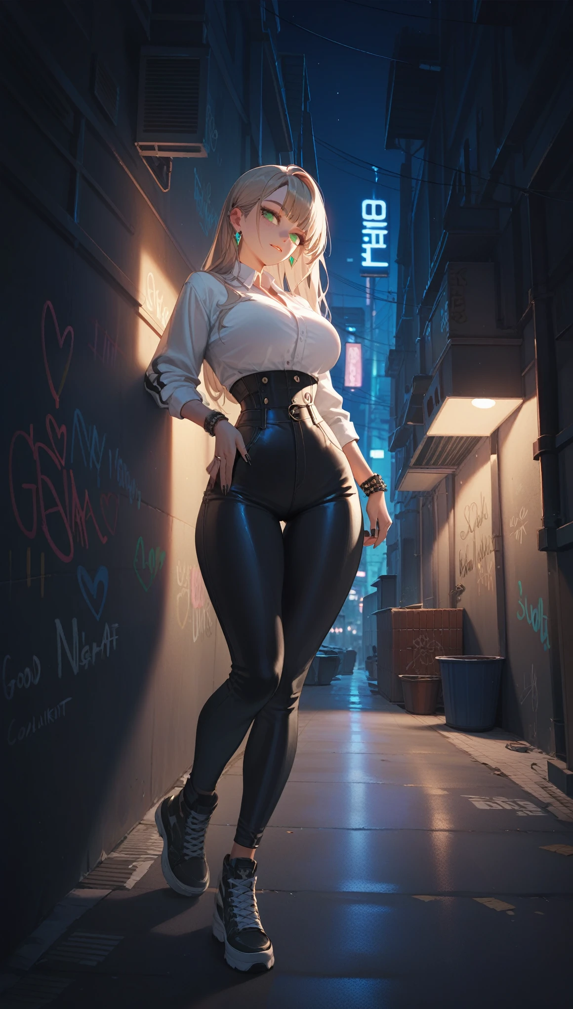 Sexy girl, gangster girl, perfect body, medium breast, long silver hair, unbuttoned blouse, metalhead, streetwear clothes, grunge, crossing arms, fight pose, perfect butt, miniskirt, upskirt, black pants, back view, katana in hand
