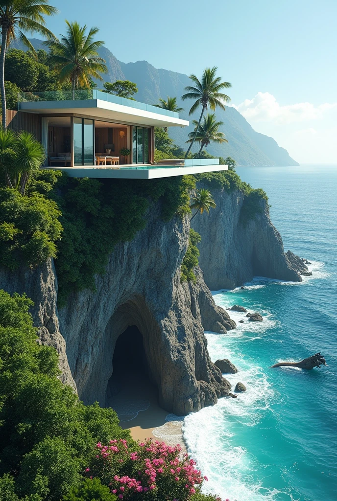 Une grande maison moderne avec une piscine et de grandes baies-vitrés à flanc d'une immense falaise surplombant la mer. Le tout dans une vegetation exotique. Une grotte menant à la maison est visible depuis la plage. Un dragon aquatique est présent dans l'eau