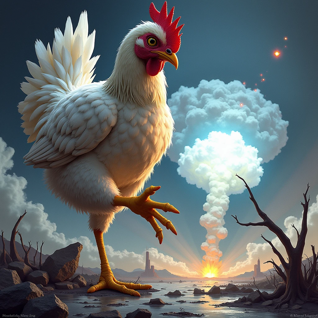 Draw an atomic bomb killing the chicken