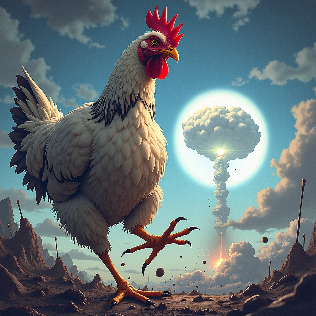 Draw an atomic bomb killing the chicken