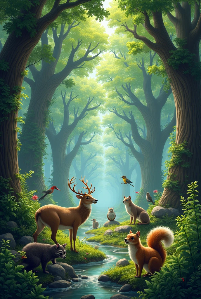 Create an image of a detailed forest with various types of animals
