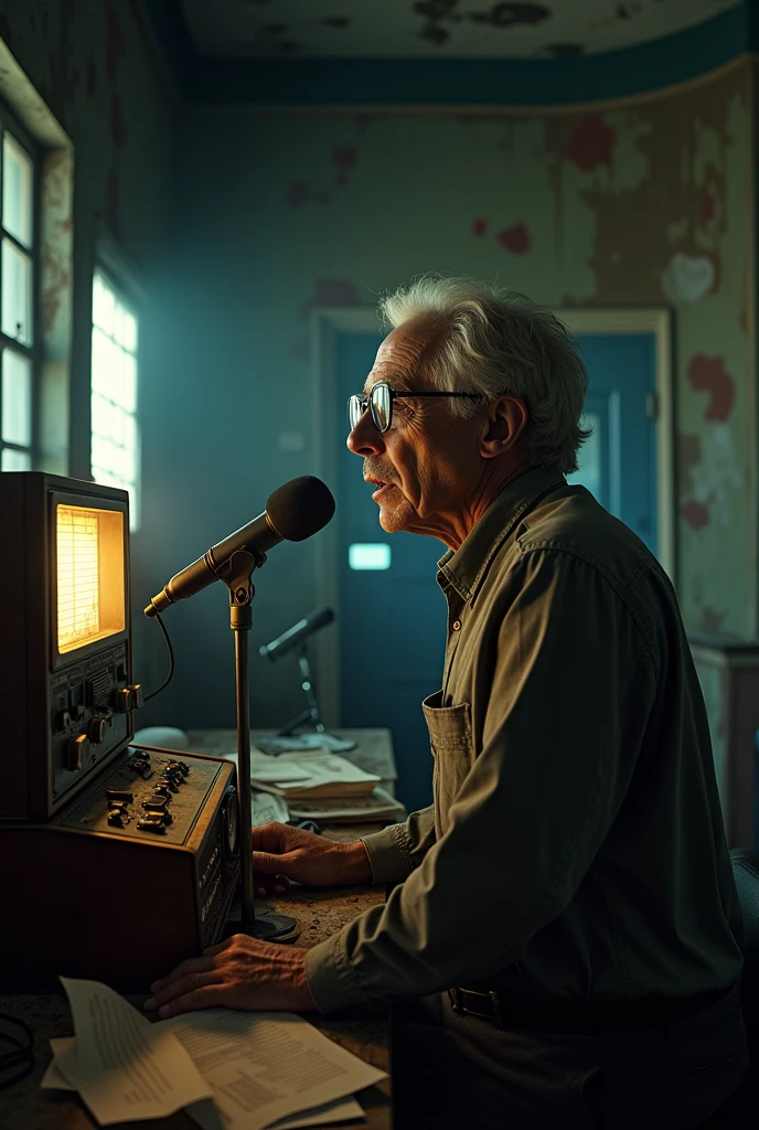 An old station is broadcasting a newspaper with a journalist speaking
 

