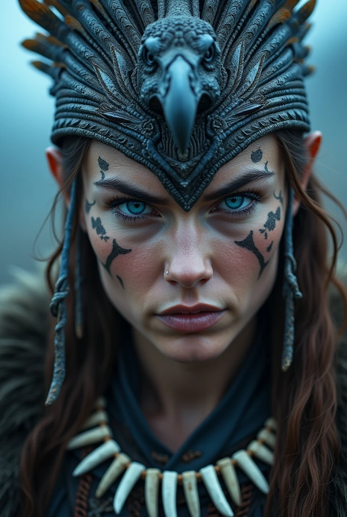 Close up face beautiful viking woman, wooden shield in hand , strong blue light in the eyes, eagle crown with many details , viking face paintings, Angry, bone necklace around the neck, battle armor, ready for war, braids in hair, blonde, looking 3