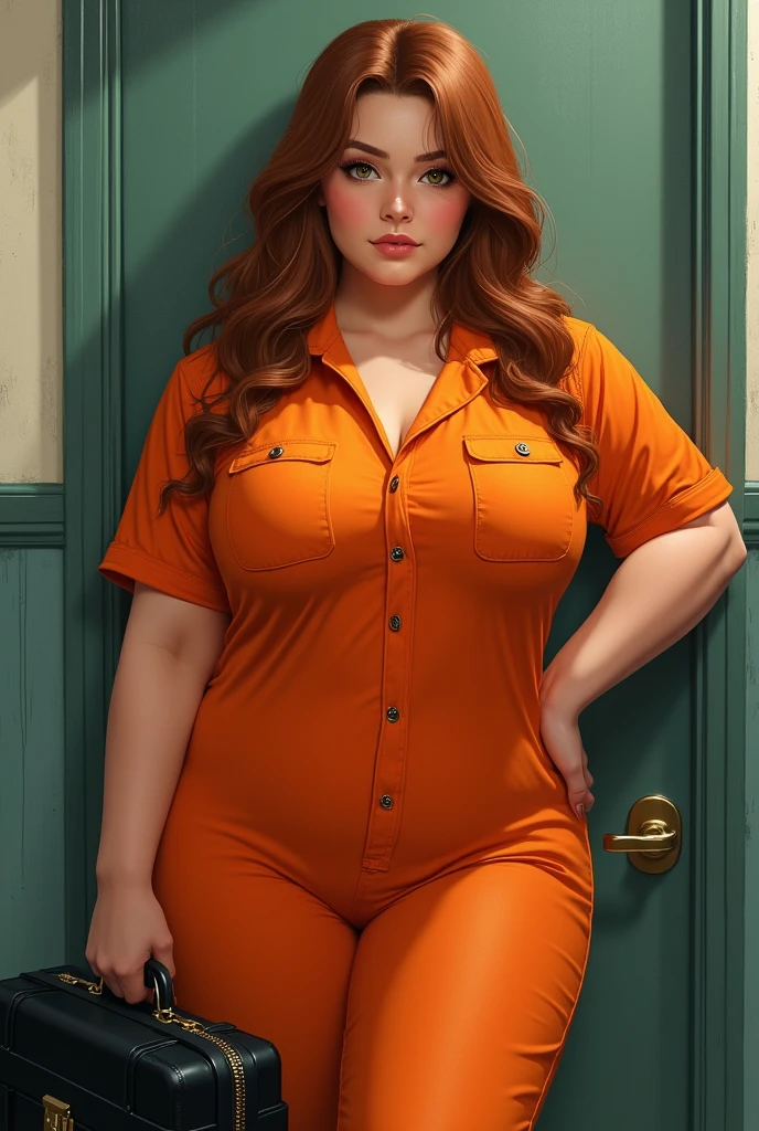 Anime realistic style, Woman with a curvy body wearing an orange prison uniform, posing holding a black suitcase, closeup 