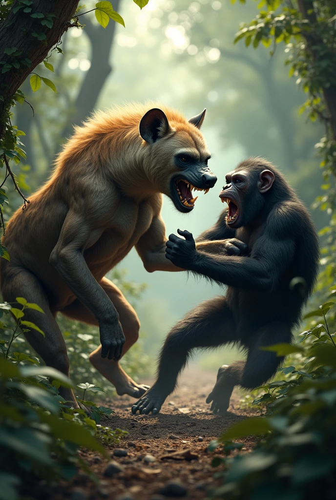 brown hyena with bristly fur and four legs attacking an aggressive chimpanzee in the middle of a forest