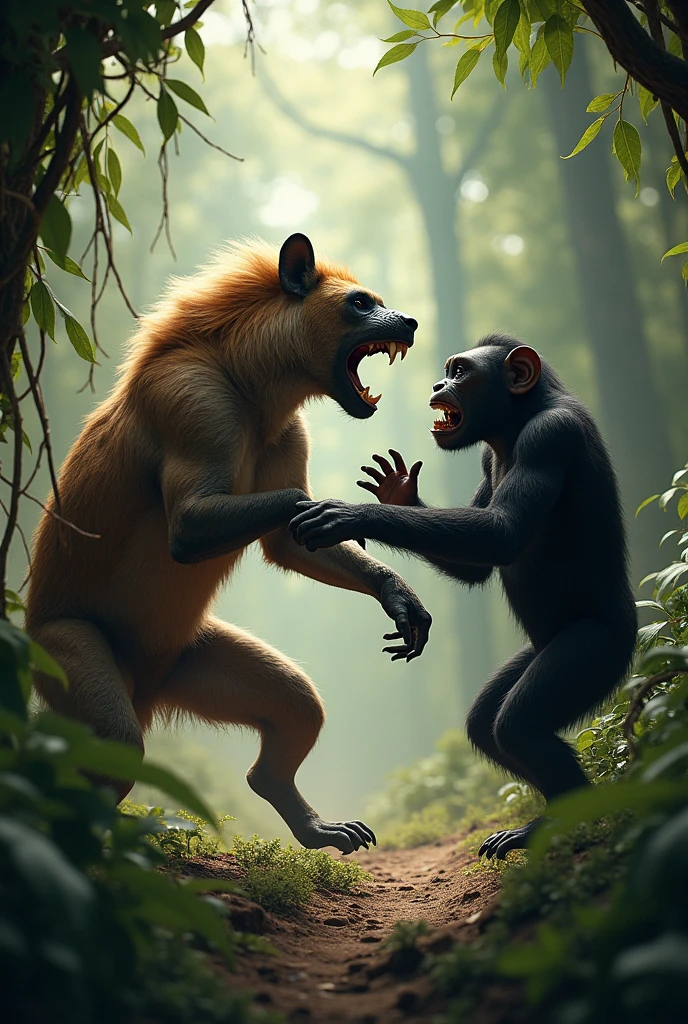 brown hyena with bristly fur and four legs attacking an aggressive chimpanzee in the middle of a forest