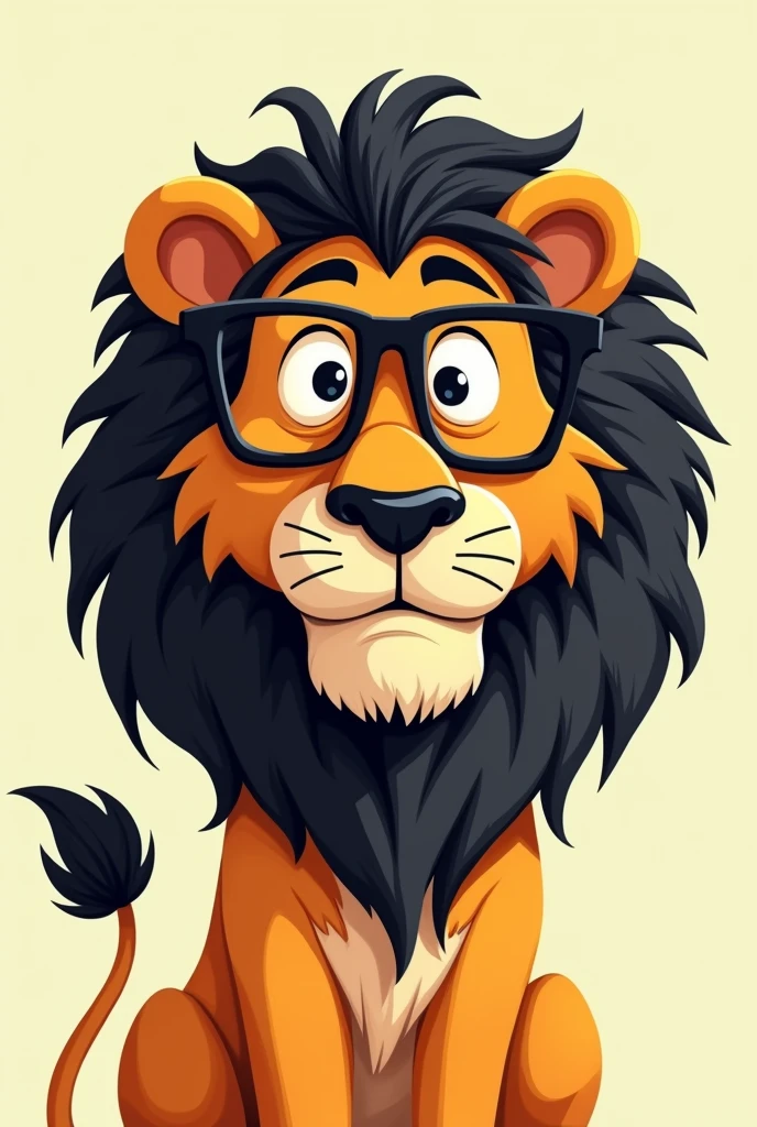 Create a cartoon lion that has black square-framed glasses and a black mane.