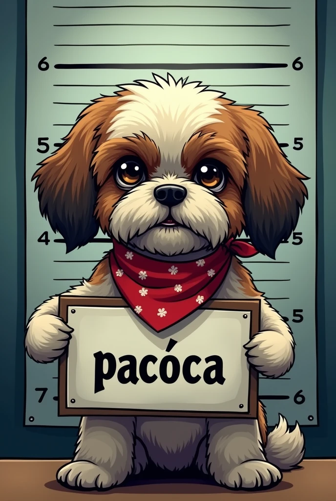 The scene is a police station in a photo booth. The background is a height chart. The measurements are in metric units. In front of him, a Shih Tzu dog holds a sign with the following text written in bold: ""Paçoca"". The criminal holding the sign is a Shih Tzu dog with a villainous look in his eyes. He is wearing a bandana. The angle is from the photographer's view. Melancholic scene, cartoonish image style