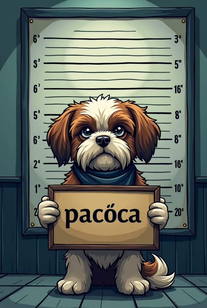 The scene is a police station in a photo booth. The background is a height chart. The measurements are in metric units. In front of him, a Shih Tzu dog holds a sign with the following text written in bold: ""Paçoca"". The criminal holding the sign is a Shih Tzu dog with a villainous look in his eyes. He is wearing a bandana. The angle is from the photographer's view. Melancholic scene, cartoonish image style