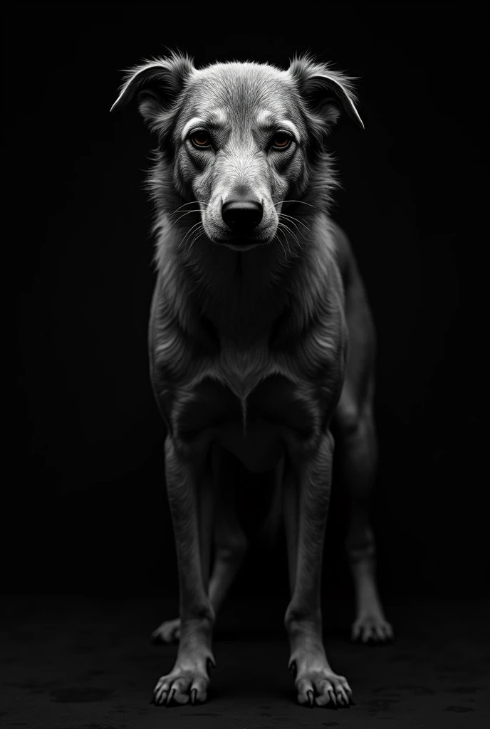 Create an image of a very old dog, No defined race. He must be facing. And the image must have a black background