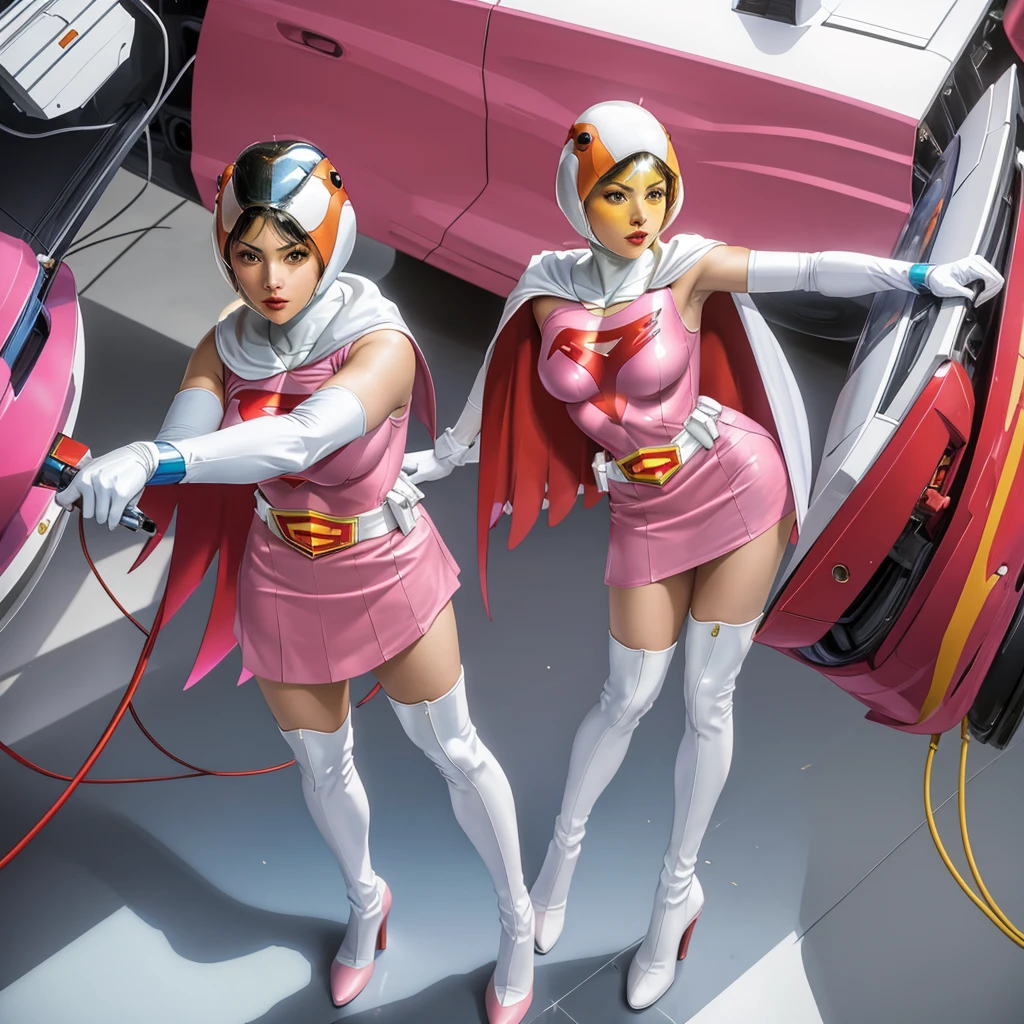 ANI_CLASSIC_jun_gatchaman_ownwaifu,1girl, 15 years old,good anatomy, masterpiece, best quality,realistic, hyperrealistic, 16k hdr,breasts,green eyes,lips,large breasts,lipstick,makeup,gloves,cape,helmet,belt,elbow gloves,white gloves,mask,ultra miniskirt,leotard,spacesuit,white tight overknee highheels boots,pink dress,superhero,bodysuit,cleavage,erected nipples,((jumping poses)),cameltoe
