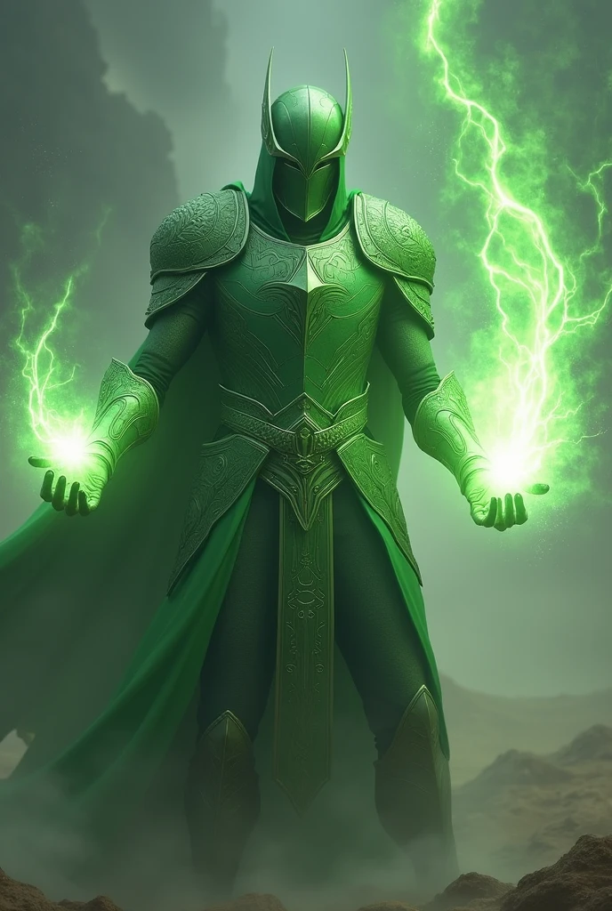 Warrior in green armor and a closed green helmet throwing a light green energy blast with his hands forward with a dragon on the tip 