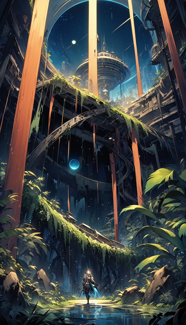 Enter the mysterious nighttime expanse of a deserted city, where moonlight cascades down on the skeletal remains of wooden structures, intertwined with the sturdy tendrils of jungle vegetation. Arriba, The cosmic tapestry is interrupted by the great spaceship. A surreal alliance of desolation and extraterrestrial presence unfolds beneath the twin moons, creating an enigmatic atmosphere over the abandoned cityscape -inspired by the art of Bill Sienkiewicz and Dave McKean