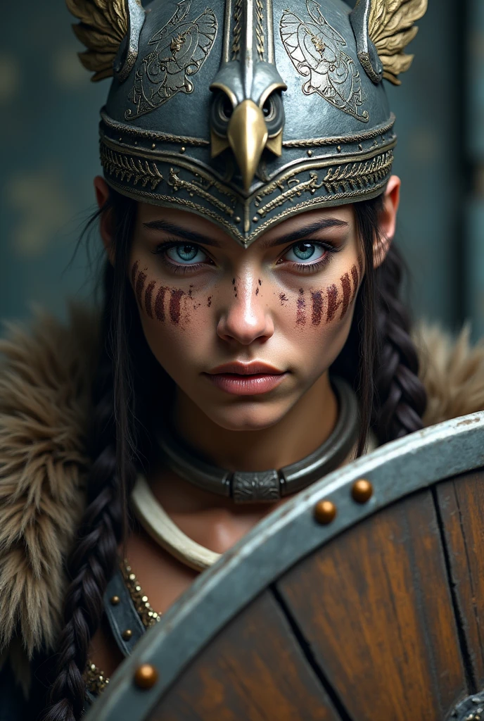Close up face beautiful viking woman, wooden shield in hand , strong blue light in the eyes, eagle crown with many details , viking face paintings, Angry, bone necklace around the neck, battle armor, ready for war, braids in hair, blonde