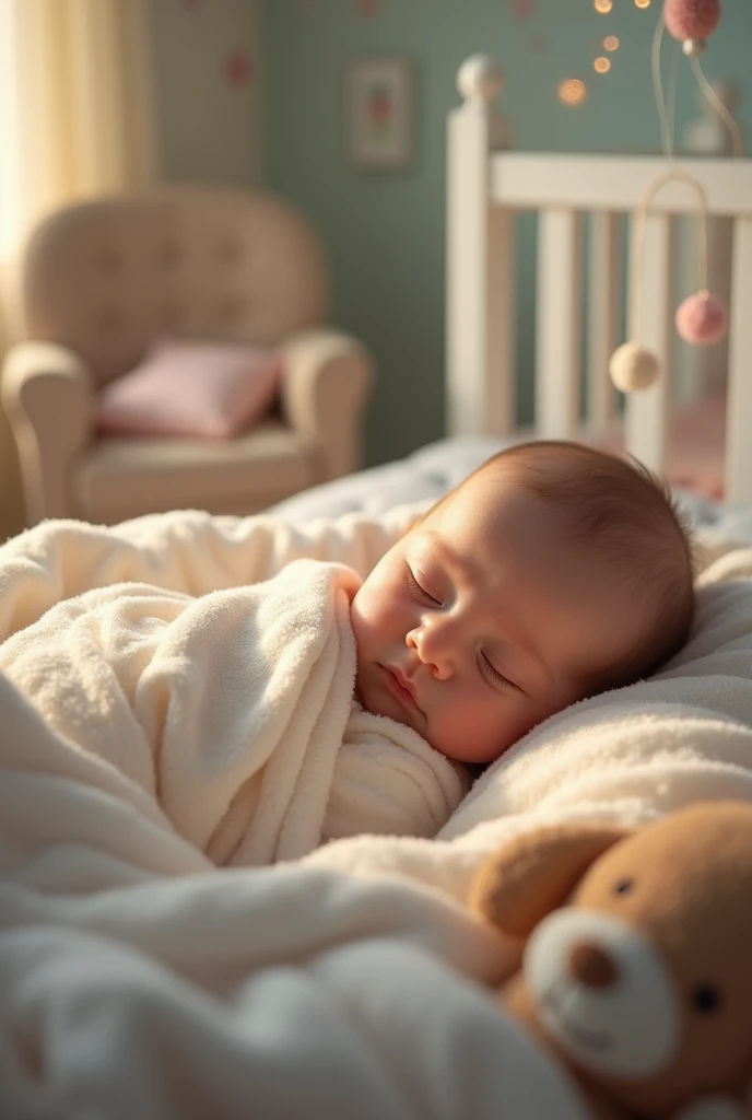 UN BÉBÉ COUCHE SUR SON LIT DANS SA MAISON 
