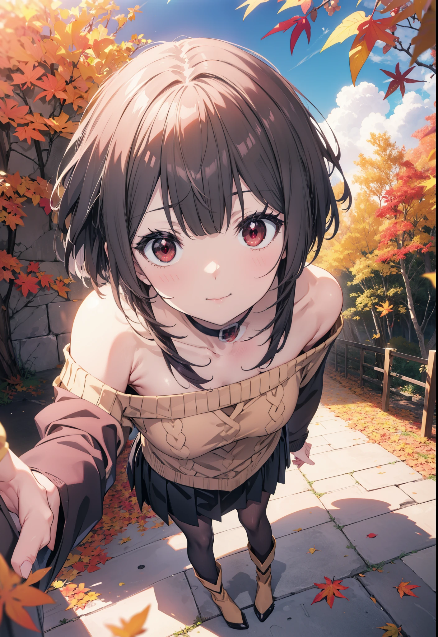 konosubaMegumin, Megumin, short hair, Black Hair, (Red eyes:1.3), short hair with long locks,smile,One-shoulder sweater,mini skirt,Black pantyhose,short boots,autumn leaves,autumn leavesが積もっている,autumn leavesが散っている,Walking,Daytime,Clear skies,whole bodyがイラストに入るように,
break outdoor, forest,
break looking at viewer,whole body, 
break (masterpiece:1.2), Highest quality, High resolution, unity 8k wallpaper, (figure:0.8), (Beautiful attention to detail:1.6), Highly detailed face, Perfect lighting, Highly detailed CG, (Perfect hands, Perfect Anatomy),