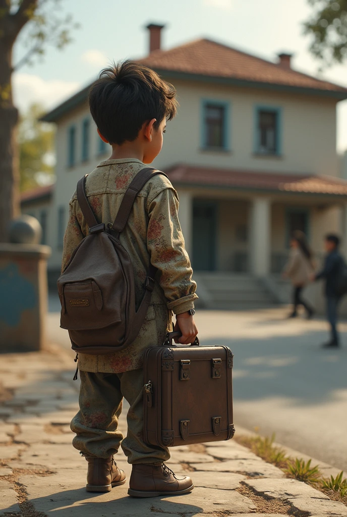poor boy with patched roma and his briefcase looking from the street going to a house