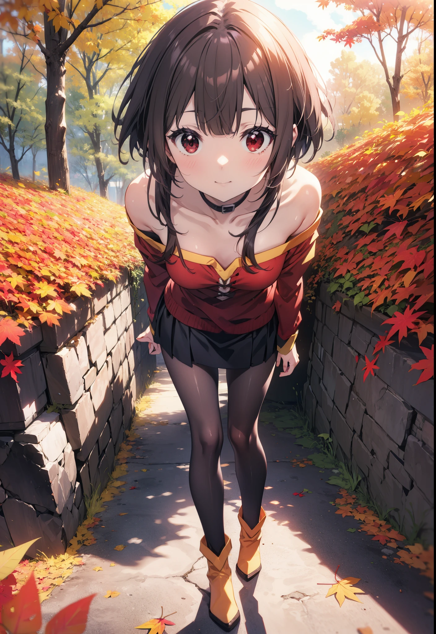 konosubaMegumin, Megumin, short hair, Black Hair, (Red eyes:1.3), short hair with long locks,smile,One-shoulder sweater,mini skirt,Black pantyhose,short boots,autumn leaves,autumn leavesが積もっている,autumn leavesが散っている,Walking,Daytime,Clear skies,whole bodyがイラストに入るように,
break outdoor, forest,
break looking at viewer,whole body, 
break (masterpiece:1.2), Highest quality, High resolution, unity 8k wallpaper, (figure:0.8), (Beautiful attention to detail:1.6), Highly detailed face, Perfect lighting, Highly detailed CG, (Perfect hands, Perfect Anatomy),