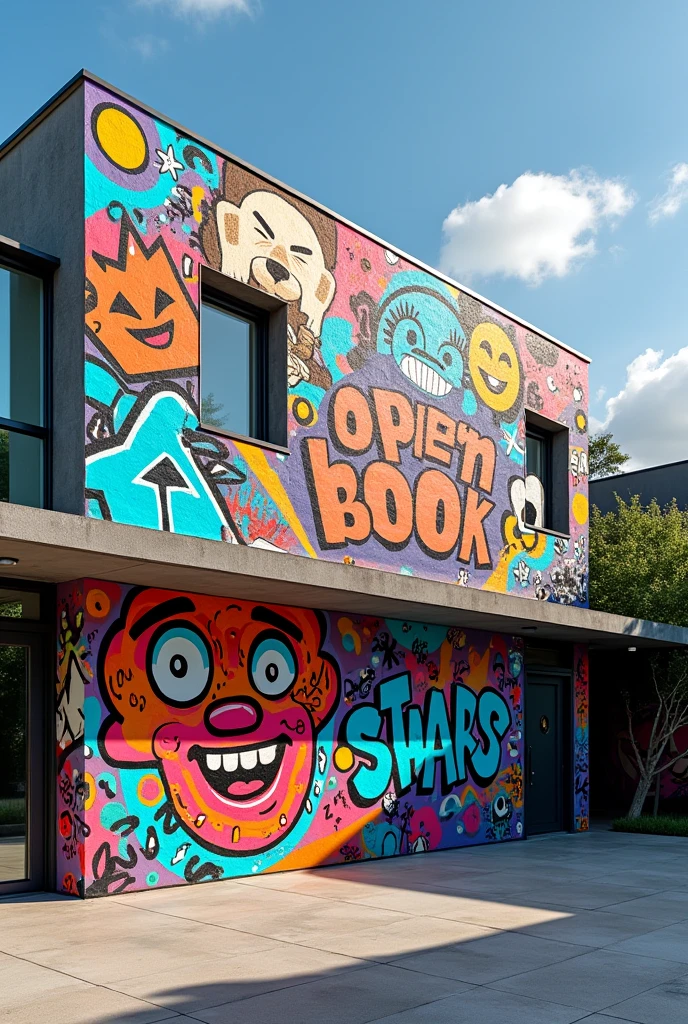 Graffiti on the wall of the open book school

