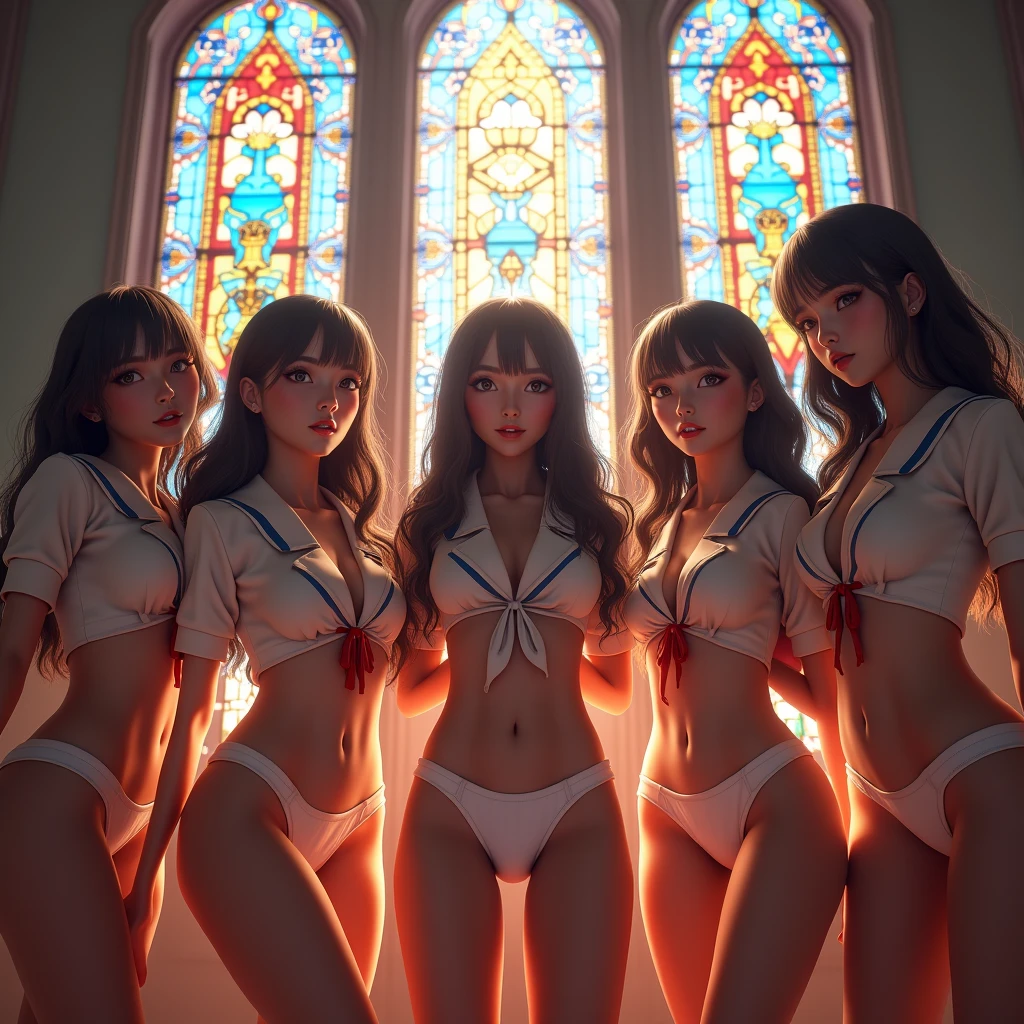 (NSFW:-1) . White and Red, (Dazzling colorful light pours down and reflects:1.2), (Physically-based Rendering with incredible detailed Textures), Award-winning Masterpiece of professional Analogue photograpy, { (((Photorealistic:1.37)))) | (F4.0, Canon) }, ((Acutance:0.85)) . (A group photo of many KAWAII girls in (school uniform)) with opened Overflowing Gigantic Cleavage without bra . (((Extremely detailed KAWAII face variations)) with joyful expressions), { Systemic | Glossy cute Lips Closeup | Navel | (pretty Ass) | (Overflowing underboob) | Oiled ivory skin Details | White panties with (blood seeping only in crotch area) | (full of Flowers covering girl's body) | ((Dazzling colorful stained glass with stunning elaborate details:1.2)) | Mystic sight | A Floating Halo appears | God rays | Haze | Lens flare | Zoom Layer | Kissing face to face } . Ultra-detailed, (Exposed:0.8), (((nipple:-0.9))), (Realistic:1.4)