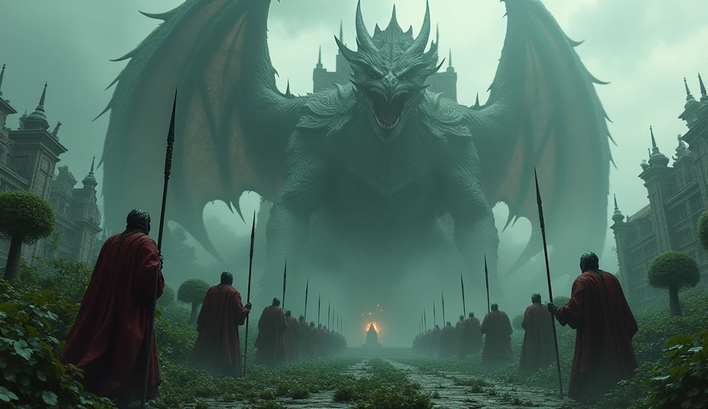 Top quality, masterpiece, poker cards with human creatures, poker card soldiers holding spears, huge western ancient building, clover-shaped trees, garden in front of building, detailed image texture, creepy, scary, creepy atmosphere (not AI image), cloudy weather, low color image, creepy, image from a distance, delicate skin expression, huge dragon standing in front of soldiers