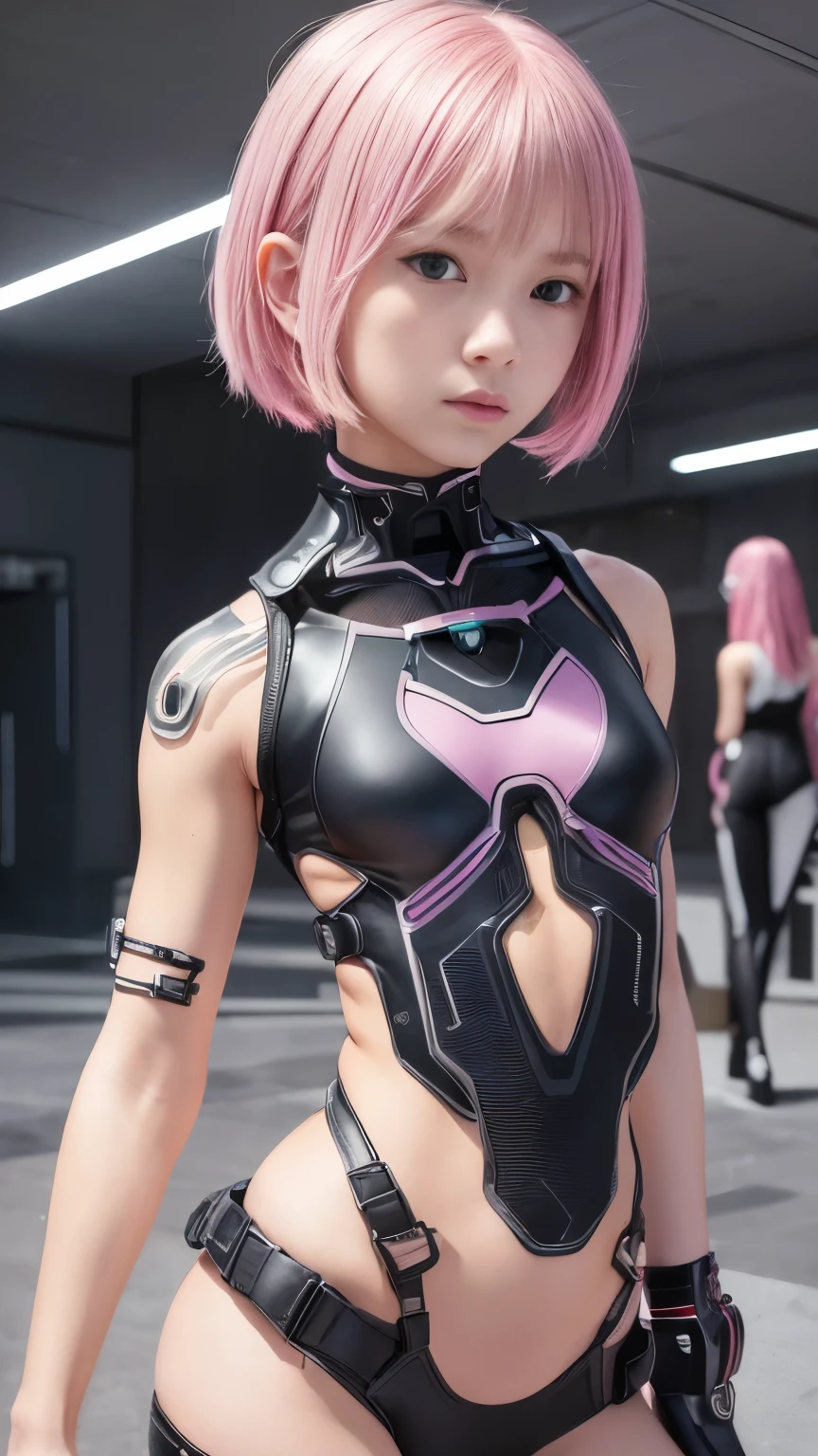 high quality, ​realistic masterpiece, two close friends, Beautiful tween girls, small skinny girls, cute girl face, cyberpunk, Wearing futuristic robotic tactical shear armor cyberpunk suit with cutouts showing body, skinny athletic body showing legs, innocent, playful, Famous actresses of Japan, very beautiful face, pink hair