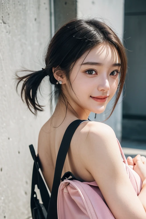 (Two pure Japanese girls,), (Small breasts:1.5,),(alone,,Textured skin, Detailed skin,Detailed face,Detailed eyes,detailed posing,Natural eyebrows,Sparkling eyes,Attention to detail, Highest quality, Very detailed, Surrealism, ,8k,RAW Photos,Photographicism,Professional Lighting,Ray Tracing,Portrait Photography,Soft Light),((Black Hair, Natural Makeup,Simple Earrings, Medium Hair,,smile)),(((Pink school bag,Carrying a school bag,Upper body shot,Back view,look back)))