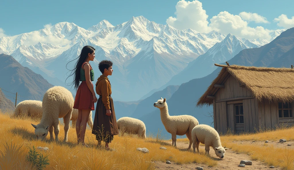 A 20-year-old young woman from the Peruvian Andes grazing 100 alpacas, Meeting a young man also from the Peruvian Andes, 1 , poor peasant grazing other people&#39;s animals . They both look at each other. with a house and the Andes in the background. Based on a book by José María Arguedas
 
