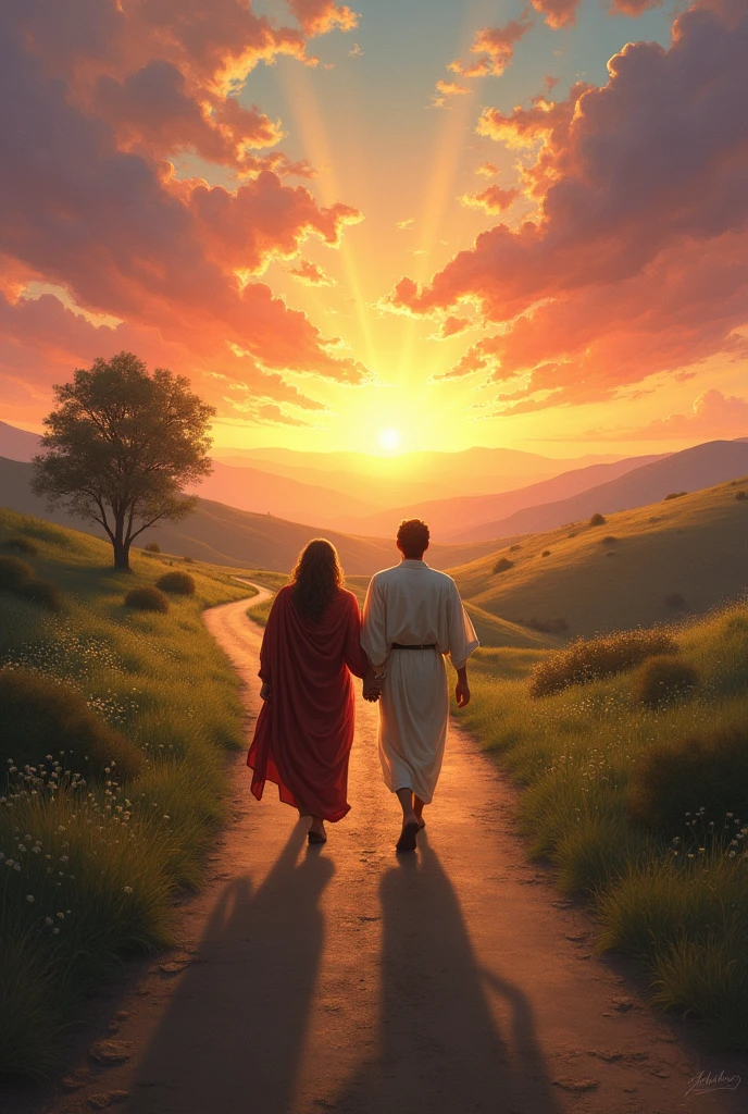 Enoch and God walking a long road side by side, in the background a sunset