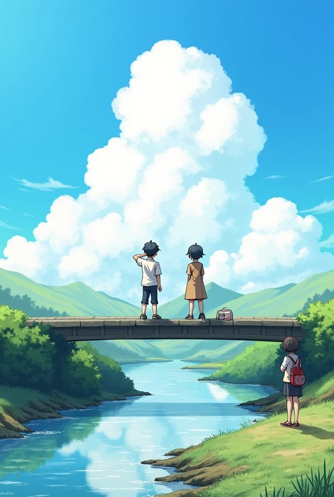 sky, scenery, cloud, outdoors, bridge, water, bag, day, blue_sky, cloudy_sky, multiple_boys, 2boys, black_hair, pants, 1boy, river, short_hair, 1girl, standing, coat